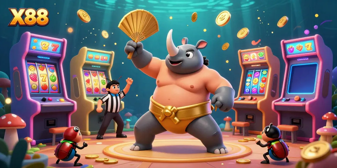 X88's vibrant gaming universe with a sumo beetle champion surrounded by slot machines.