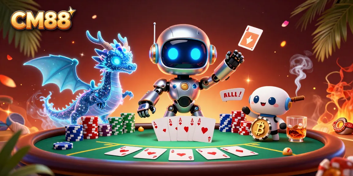 Experience excitement at CM88 with a cartoon cyberpunk robot and a holographic dragon at a poker table.