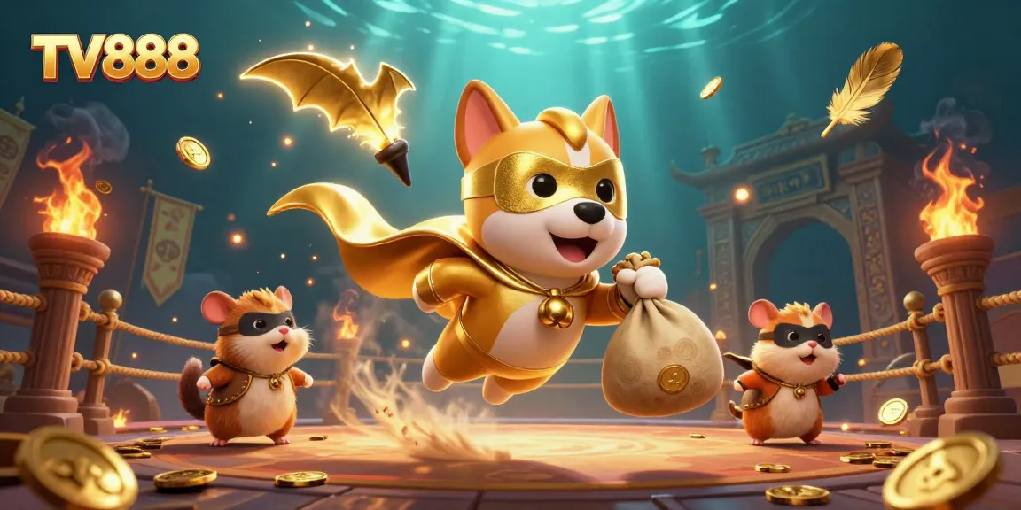Animated scene featuring TV888 superhero dog and sidekick engaging in a vibrant casino adventure.