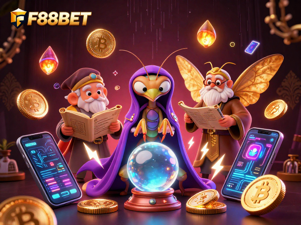 Engage with F88BET's vibrant gaming universe featuring mystical fortune tellers and crypto elements.