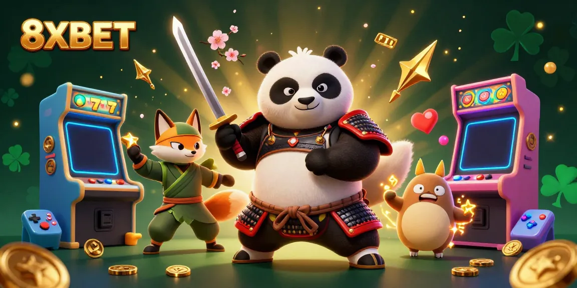 Experience thrilling gaming with 8XBET's vibrant 3D casino scene featuring samurai panda and ninja fox.