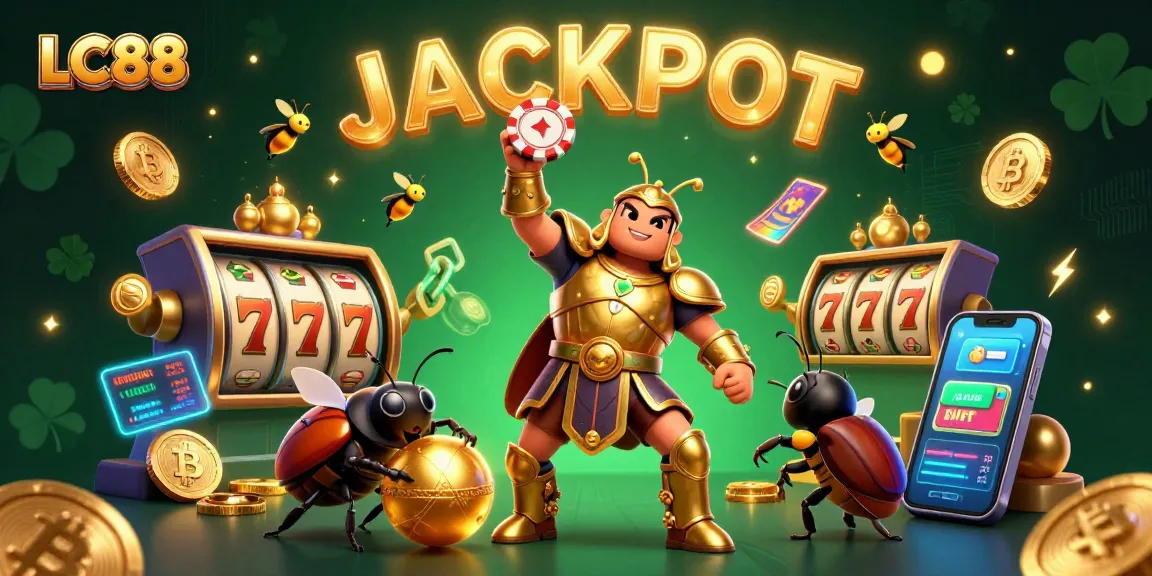 LC88 celebrates victory with a hercules beetle triumphing at the casino jackpot while characters and slot elements surround it.