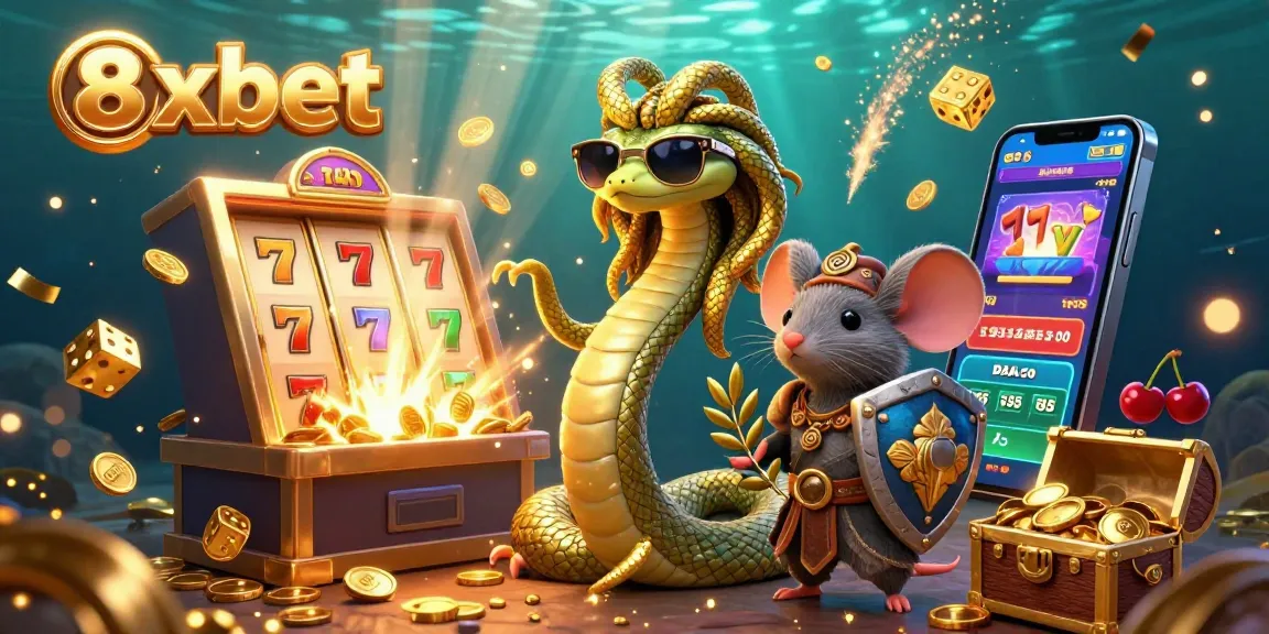 Engage with 8xbet's exciting gaming scene, featuring friendly characters amidst dynamic casino elements.
