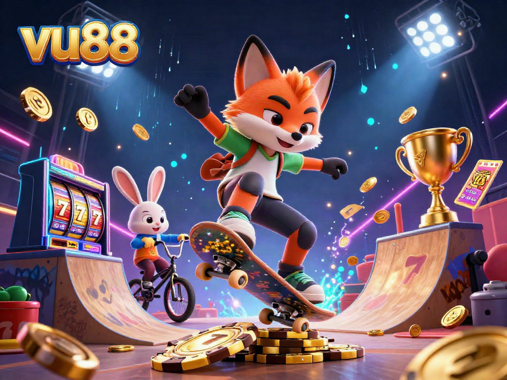 vu88 showcases a dynamic scene with a skateboarder fox and BMX-riding rabbit in a lively casino setting.