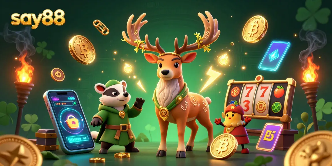 Engage with say88, a vibrant casino scene featuring Celtic druid, badger, and crypto elements.