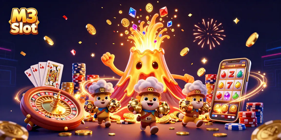 M3 Slot gaming scene showcasing cascading coins, golden volcano, and a triumphant treasure hunt.