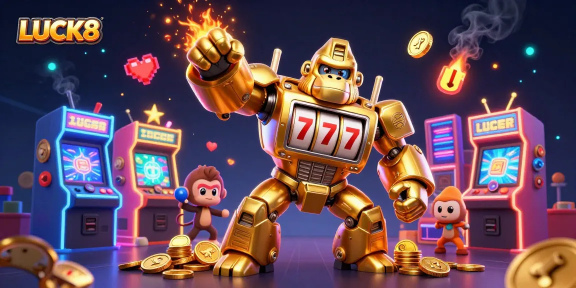 Experience excitement at LUCK8 with a dynamic illustration of a golden gorilla mech and arcade themes.