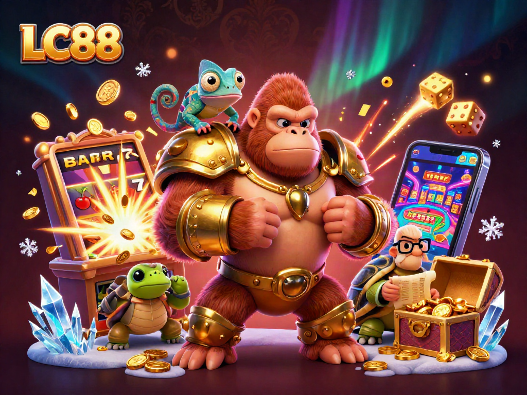 Engage with LC88 casino excitement featuring a gorilla king celebrating jackpot wins