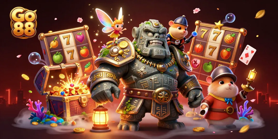 Watch the Go 88 adventure unfold as the stone guardian and companions collect lavish treasures and vibrant slot reels.