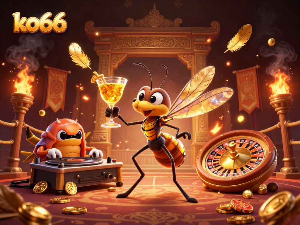 Experience the thrilling atmosphere of ko66 casino with vibrant 3D elements, golden roulette, and lively characters.