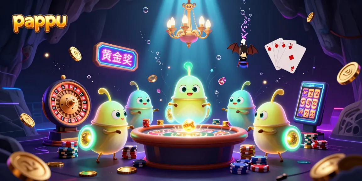 Pappu game illustration with glowworms lighting a cave casino, showcasing vibrant gambling elements.