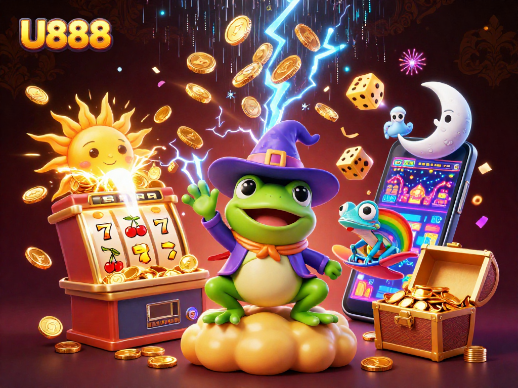 Experience the excitement of U888 as colorful characters celebrate a jackpot moment surrounded by casino elements.