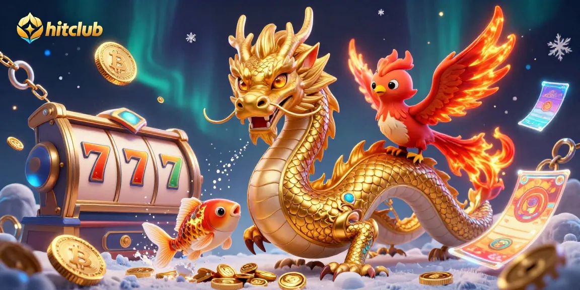 Experience the excitement at hitclub with vibrant 3D illustrations of a dragon, phoenix, and jackpot symbols.
