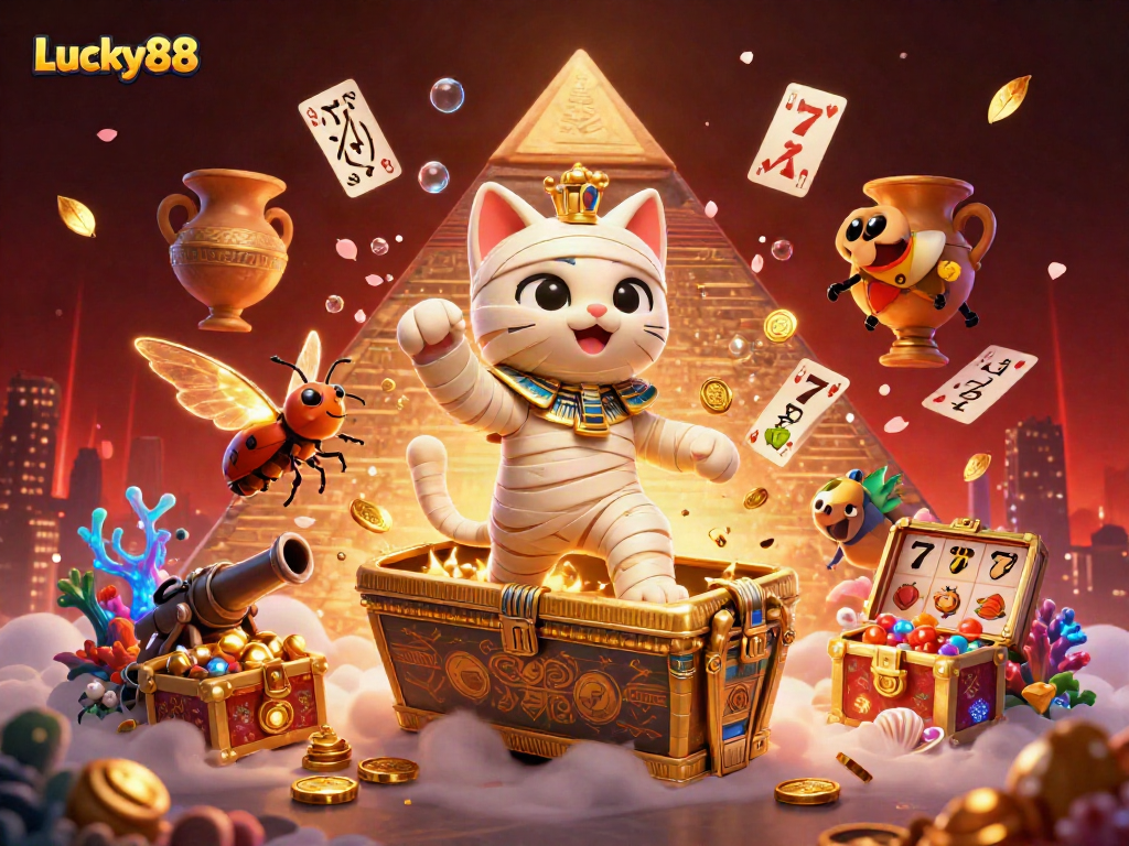 Engage with winning strategies at Lucky88 as the Egyptian mummy cat bursts from its sarcophagus amidst glittering casino magic.