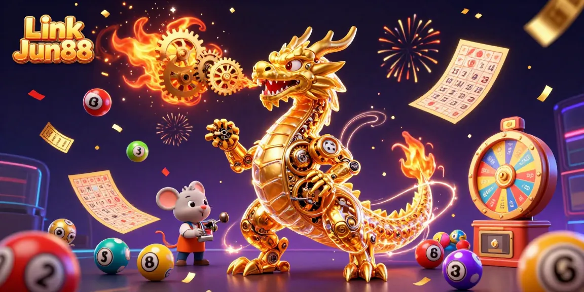 Experience thrilling gameplay at Link Jun88 with vibrant lottery elements and a magical dragon scene.