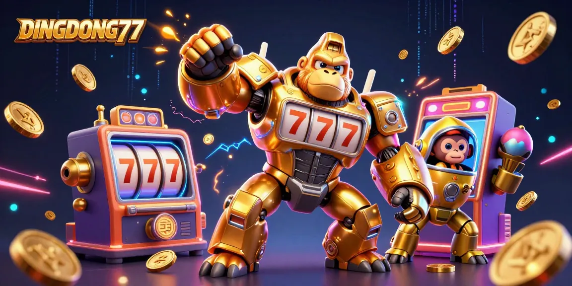 DINGDONG77 transforms gaming with a stunning scene of a golden mech and vibrant casino elements.
