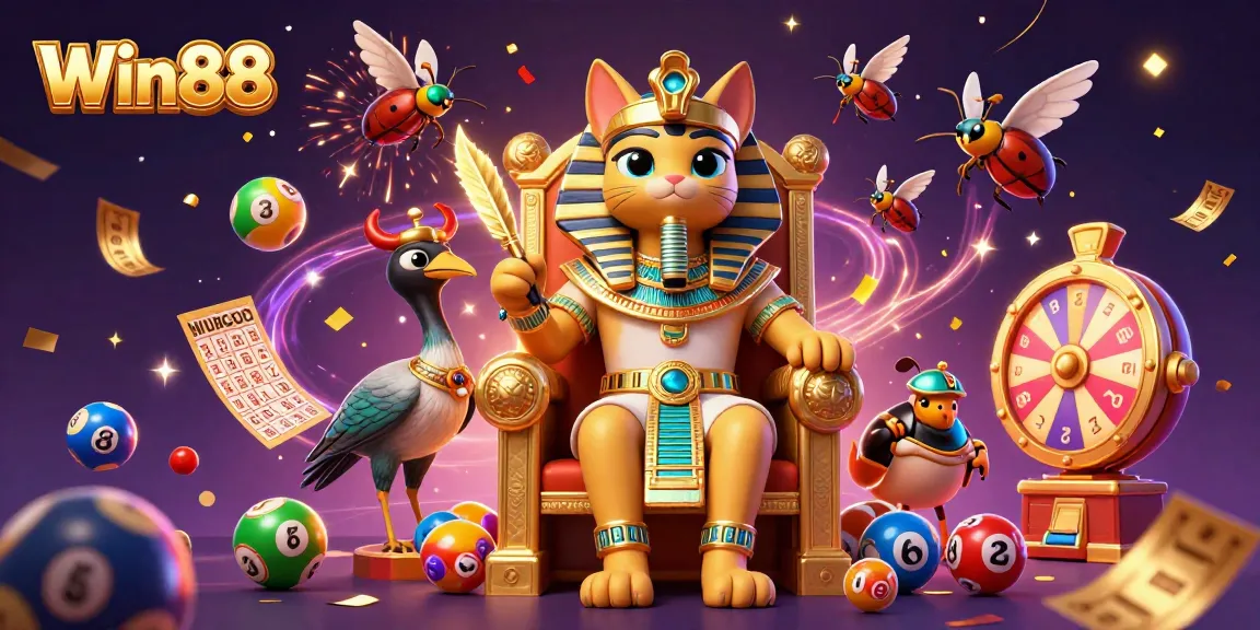 Win88 brings excitement with a vibrant lottery scene featuring an Egyptian pharaoh cat, colorful balls, and festive energy.