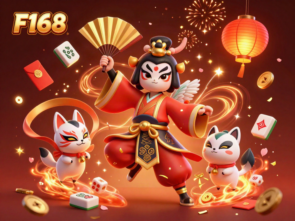 Experience the vibrant gaming world of F168 with a dynamic 3D illustration capturing a kabuki warrior alongside festive lanterns and lucky symbols.