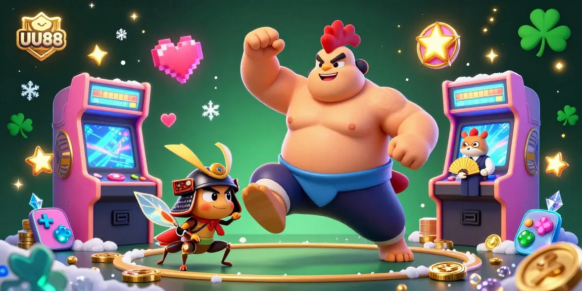 UU88's dynamic casino scene features a powerful sumo wrestler, fierce cricket, and tanuki, surrounded by vibrant game elements.