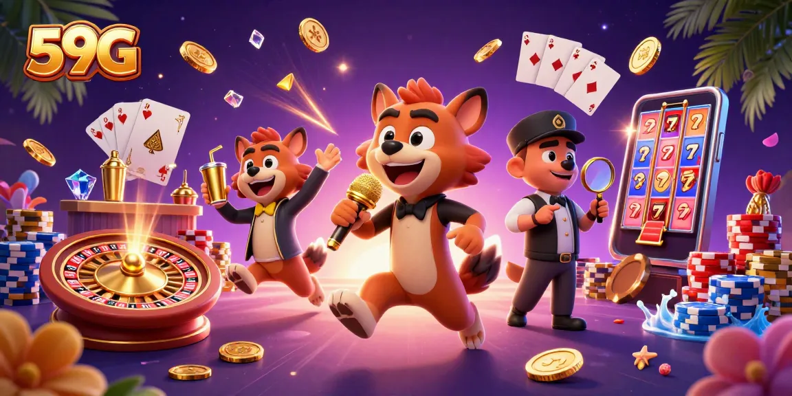 Win big with 59G in a vibrant casino scene featuring hyenas and gold coins.