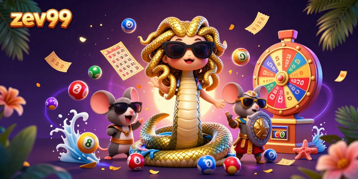 Play and win with zev99 in an exciting 3D lottery-themed casino illustration packed with fun elements.