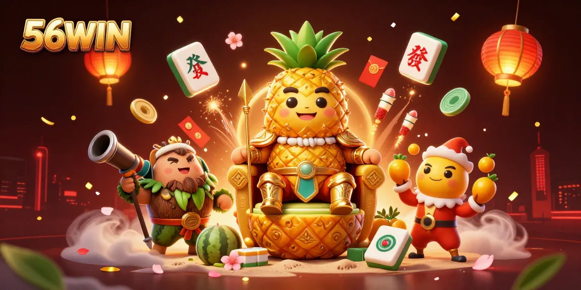 Win big with 56WIN at a vibrant online casino featuring lively characters and game elements.