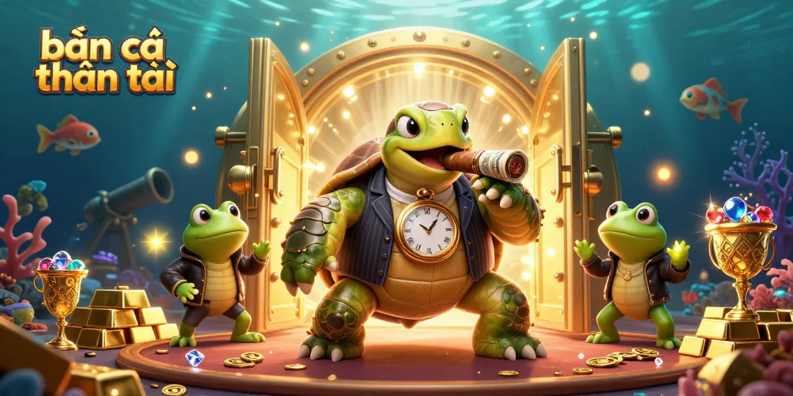 bắn cá thần tài game scene featuring 3D cartoon turtle and bullfrogs amidst treasures