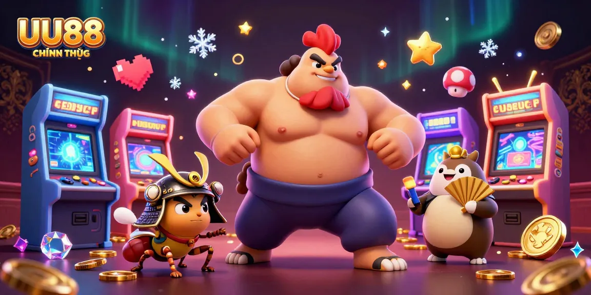 UU88 CHÍNH THỨC showcases a dynamic 3D illustration of a powerful sumo wrestler and samurai cricket in an arcade casino atmosphere.