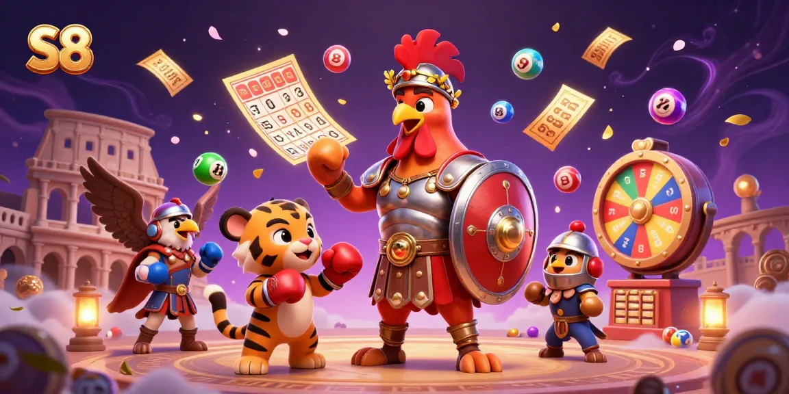 S8 casino scene with a gladiator rooster, tiger cub, and eagle, engaging with lottery elements