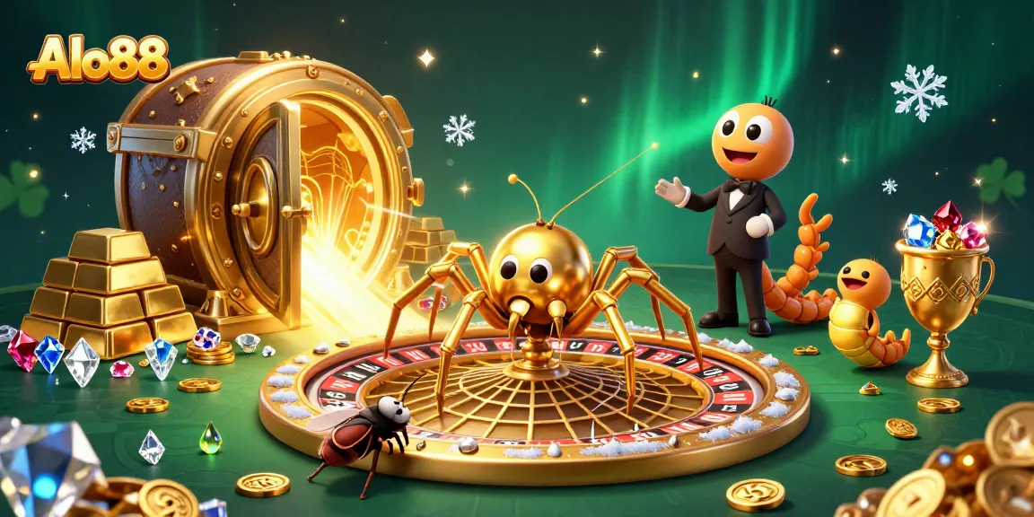 Bet on Alo88 with a vibrant illustration of a golden spider and a centipede croupier spinning a roulette web.