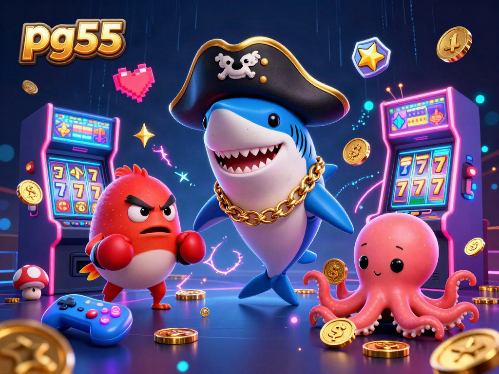 Experience the excitement of pg55 with vibrant casino elements in a dynamic 3D illustration.