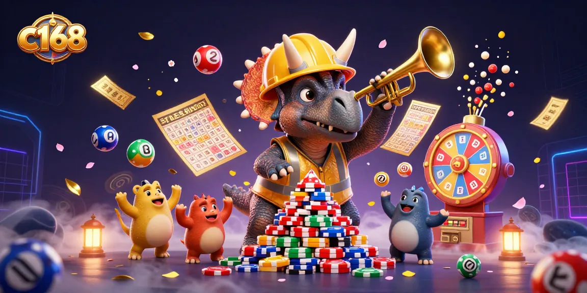 Join the fun at c168 as lively triceratops and friends celebrate jackpot wins surrounded by colorful lottery elements.