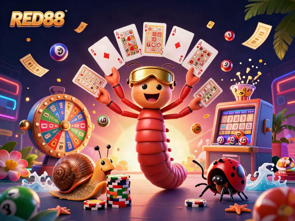 Experience vibrant gaming action at RED88 with this dynamic 3D casino scene featuring a millipede dealer and more.