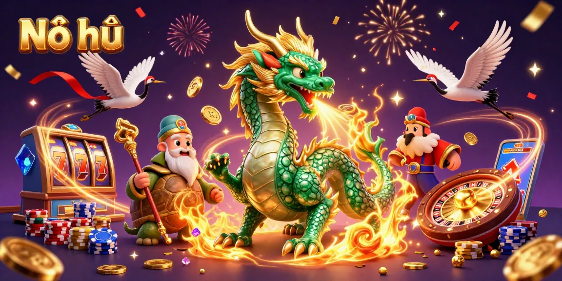 Nổ hũ slot game scene featuring a jade dragon and lucky symbols, celebrating winning moments