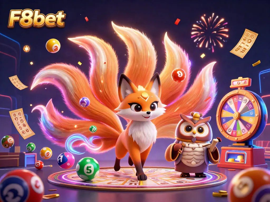 Experience vibrant casino thrills with the F8bet fox spirit amid lottery balls and golden tickets.