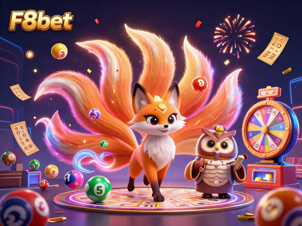 Experience vibrant casino thrills with the F8bet fox spirit amid lottery balls and golden tickets.