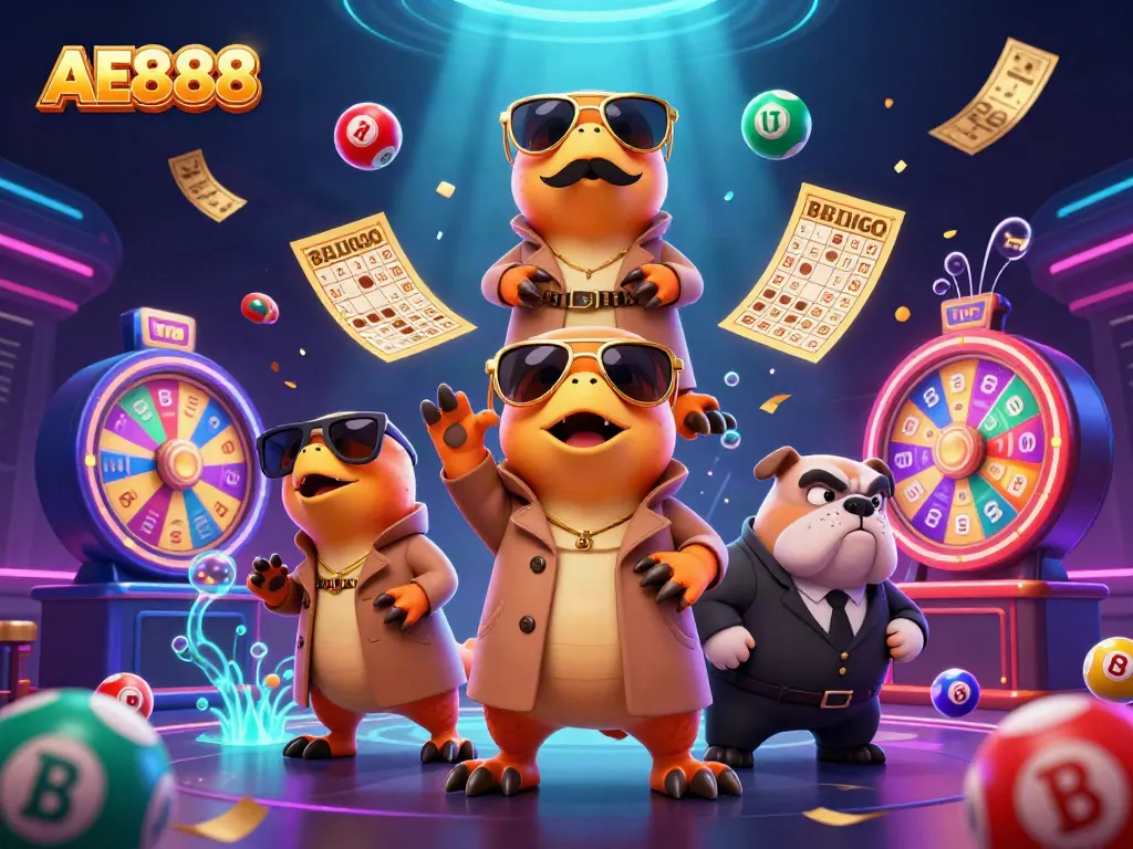 Engage with the dynamic AE888 casino scene featuring colorful lottery elements, raptors in disguise, and a bouncer.