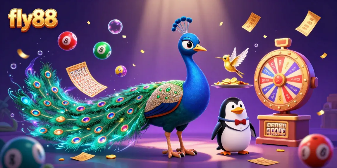 Join the excitement at fly88 with dynamic lottery balls and a majestic peacock!