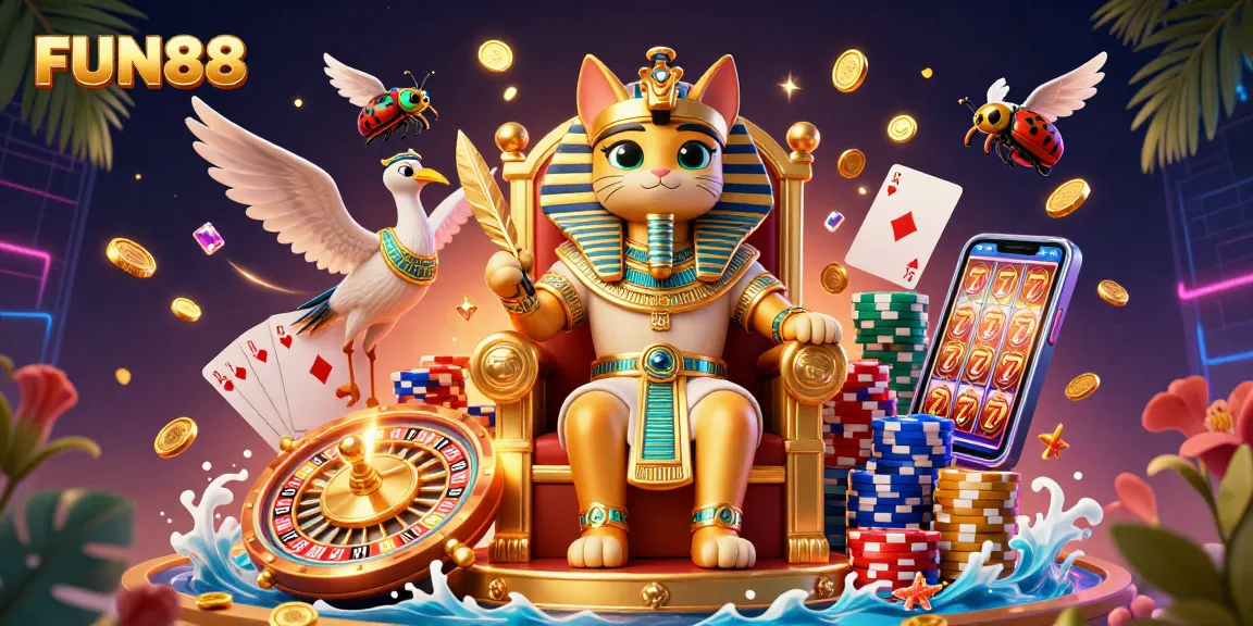 Experience FUN88 with this vibrant 3D casino illustration featuring exciting game elements and lively characters.
