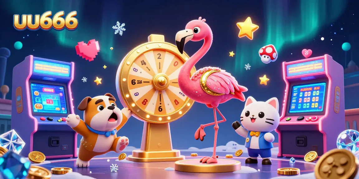 uu666 showcases thrilling gaming energy with a flamingo, bulldog, and cat in casino adventure.