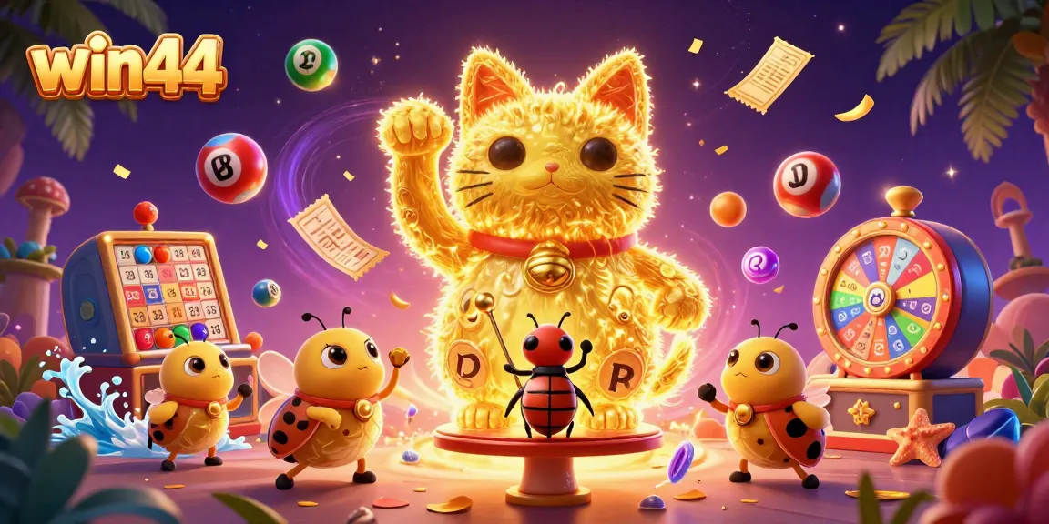 Experience win44 with a dynamic scene of a lucky cat and casino symbols in an exciting 3D illustration.