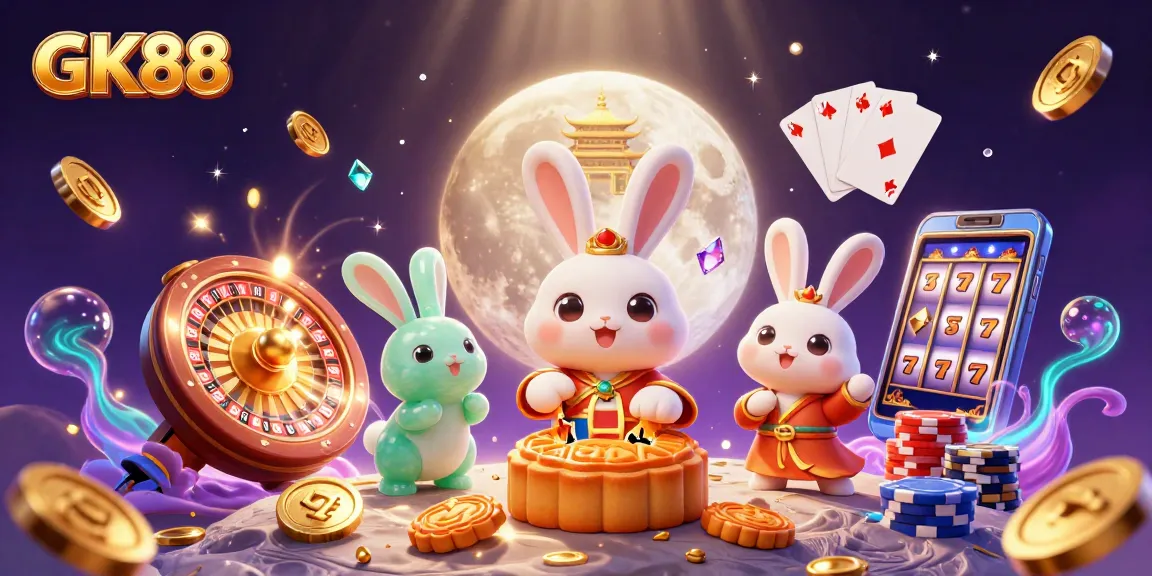 Experience the excitement of GK88 casino with cartoon moon rabbits and poker chips amidst shimmering treasures.
