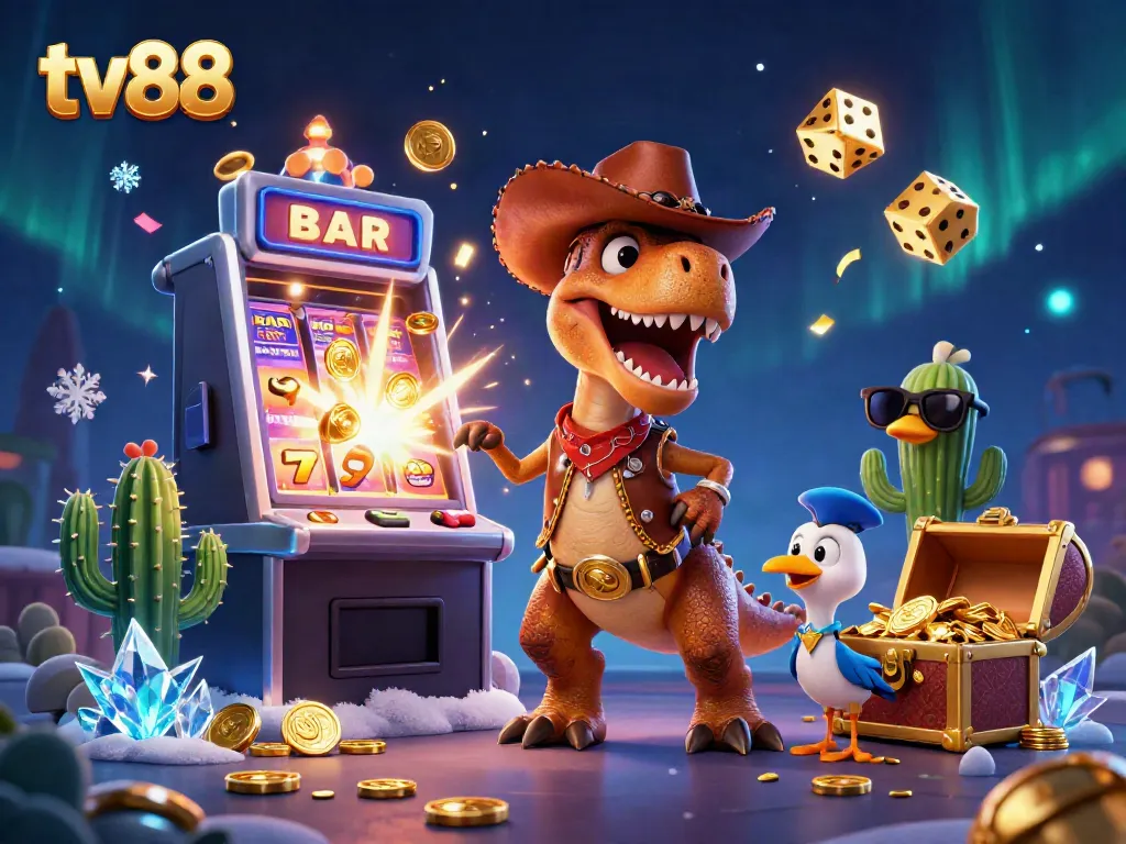 Experience the thrill of tv88 with a vibrant 3D casino scene featuring a T-Rex, jackpot elements, and dynamic game symbols.