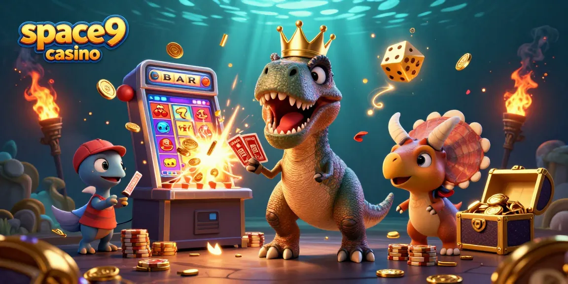 Enjoy thrilling gaming at space9 casino with T-Rex shuffling cards and jackpot symbols exploding.