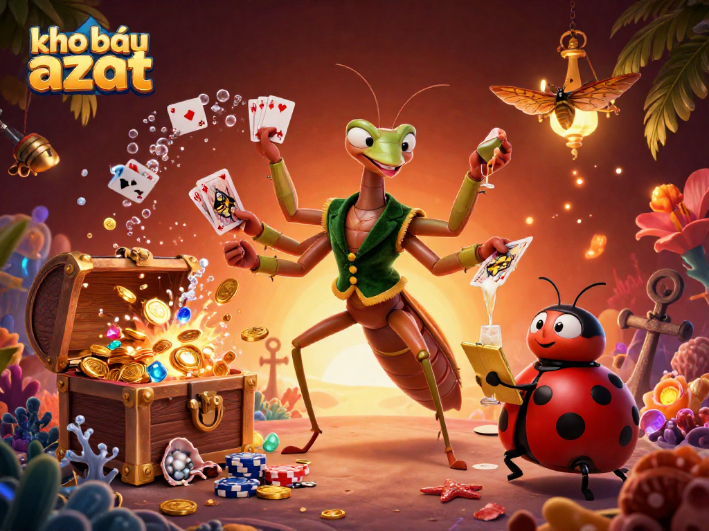 Engage in thrilling gameplay with kho báu aztec as the giant mantis dealer shuffles cards and chips.