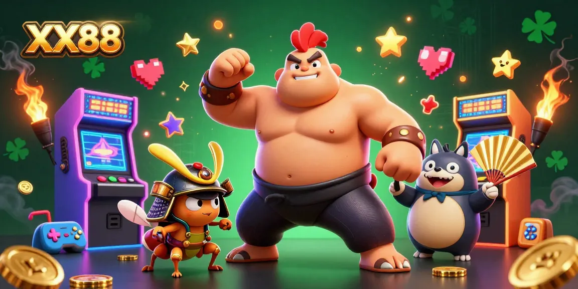 Experience thrilling gameplay with XX88 as a sumo rooster battles with a samurai cricket amid casino elements.