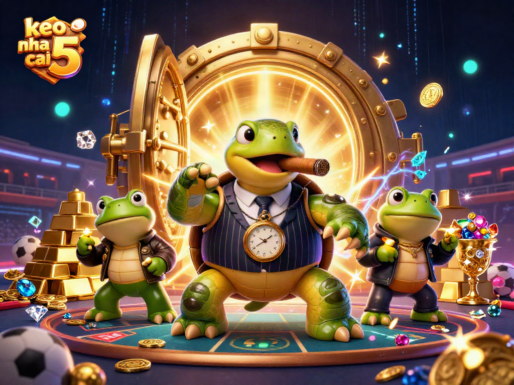 Engage with keo nha cai 5 in a vibrant 3D cartoon scene filled with sports betting excitement and treasures.