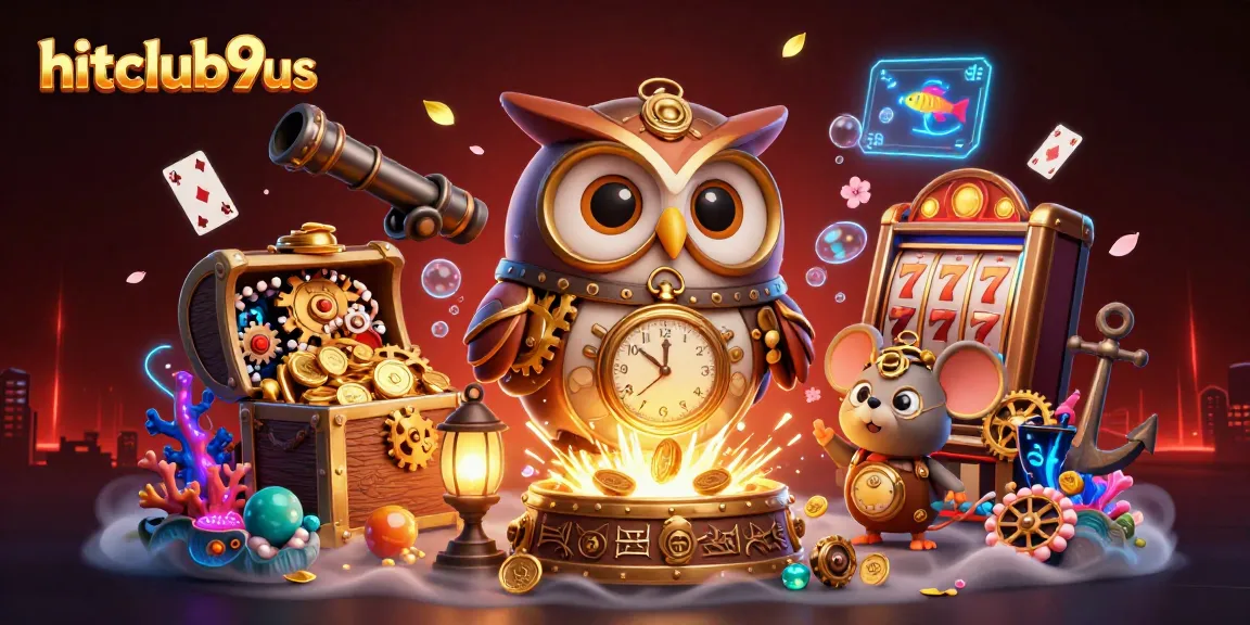 Experience thrilling moments with hitclub9us, featuring a time-traveler owl in a vibrant casino scene