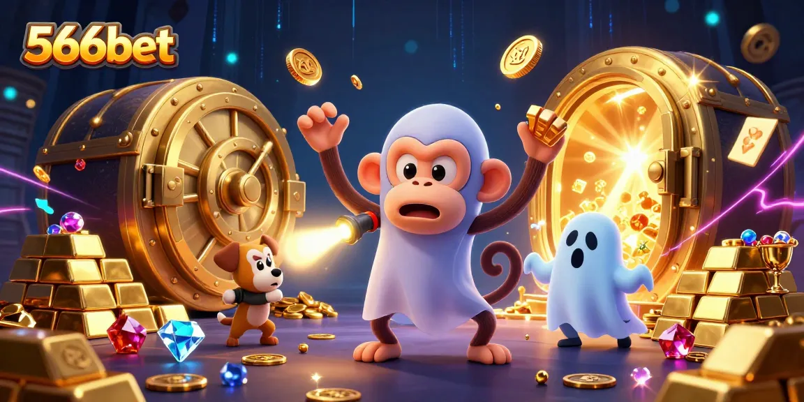 Experience the thrill of 566bet as a playful poltergeist monkey juggles golden game elements in a haunted casino scene.