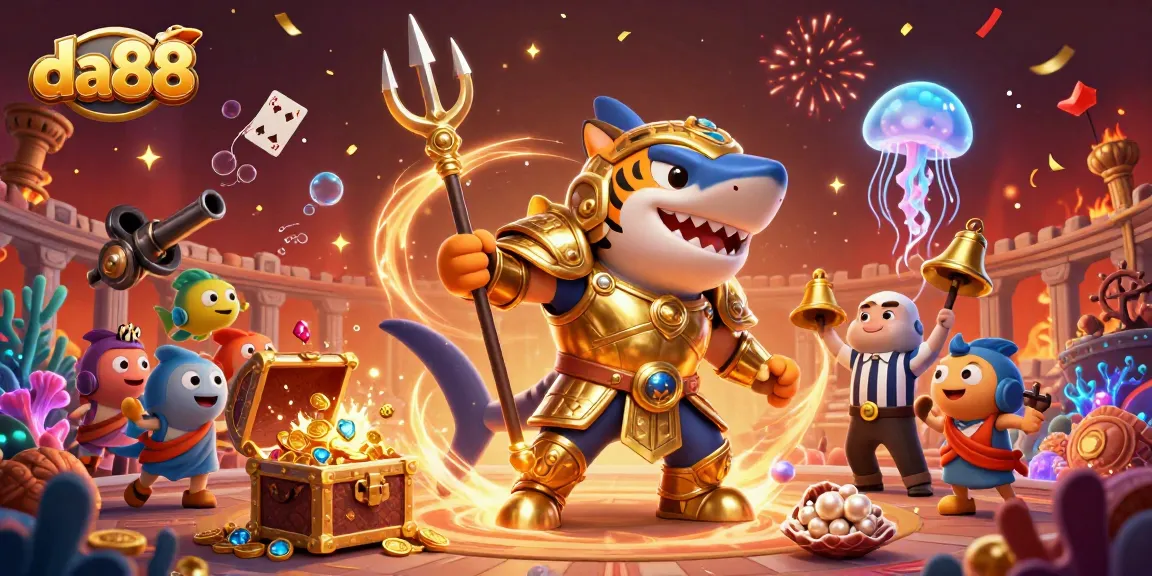 Engage with da88 in a vibrant underwater casino scene featuring a gladiator shark and treasure.